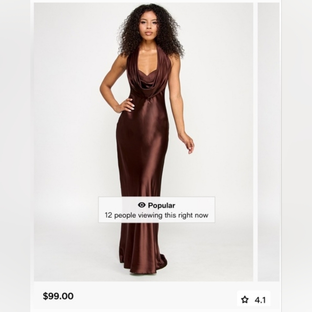 SOLD - Elegant Brown Satin Halter Gown